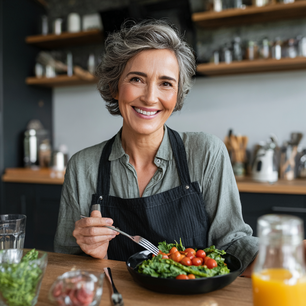 Middle-aged professional woman enjoying a healthy meal at home kitchen