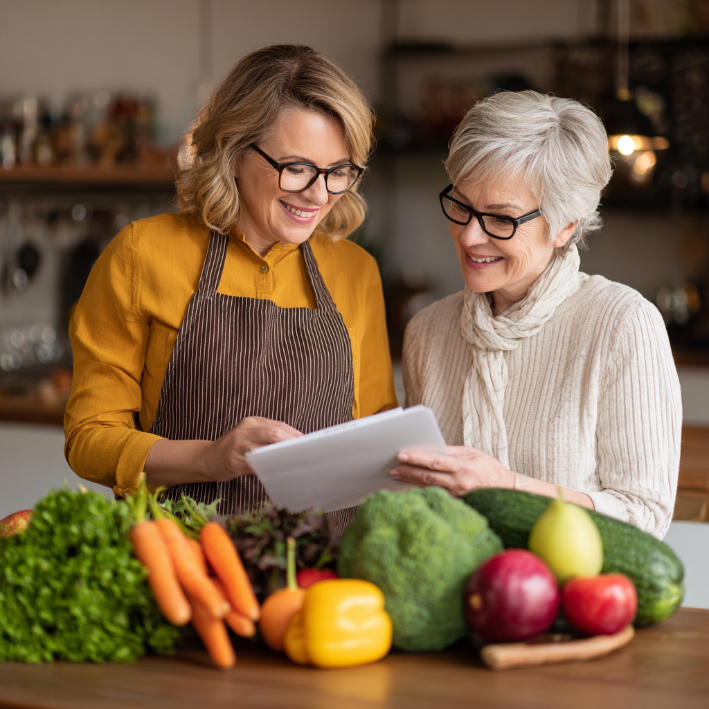 Senior nutritionist consulting with middle-aged client about healthy eating plan